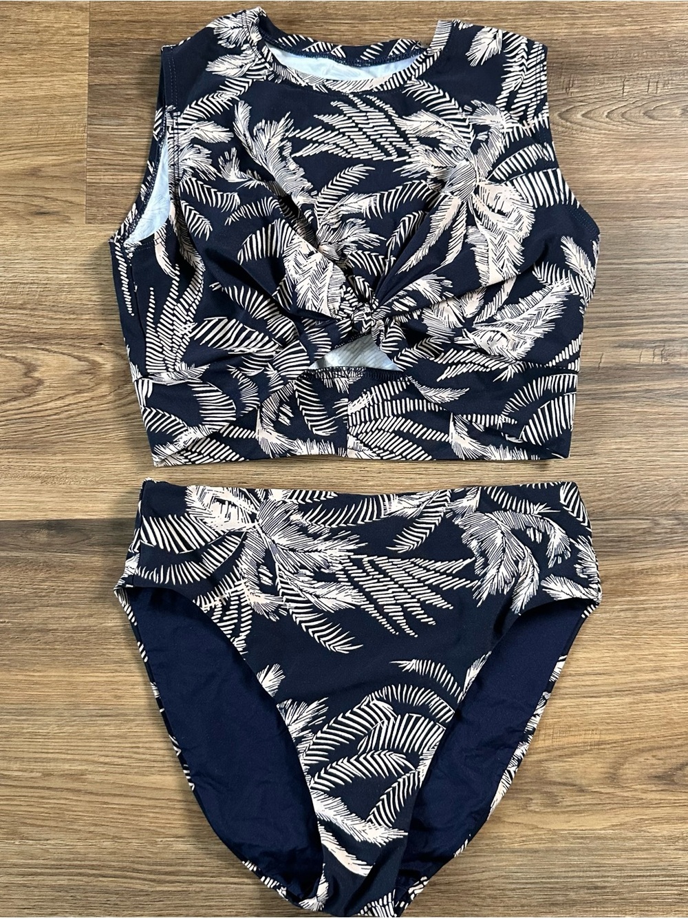 Robin Piccone Tank Bikini Top Large High Waist Bottom  Medium Chandy Blue Palm